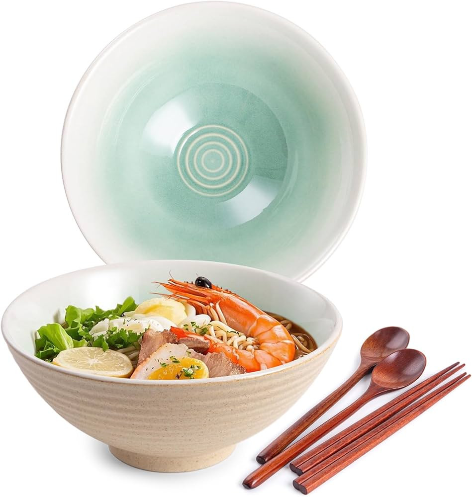 Ceramic Japanese Ramen Bowl Set, 2 Sets Asian Pho Udon Soup Noodle Bowls with Spoons and Chopstic... | Amazon (US)