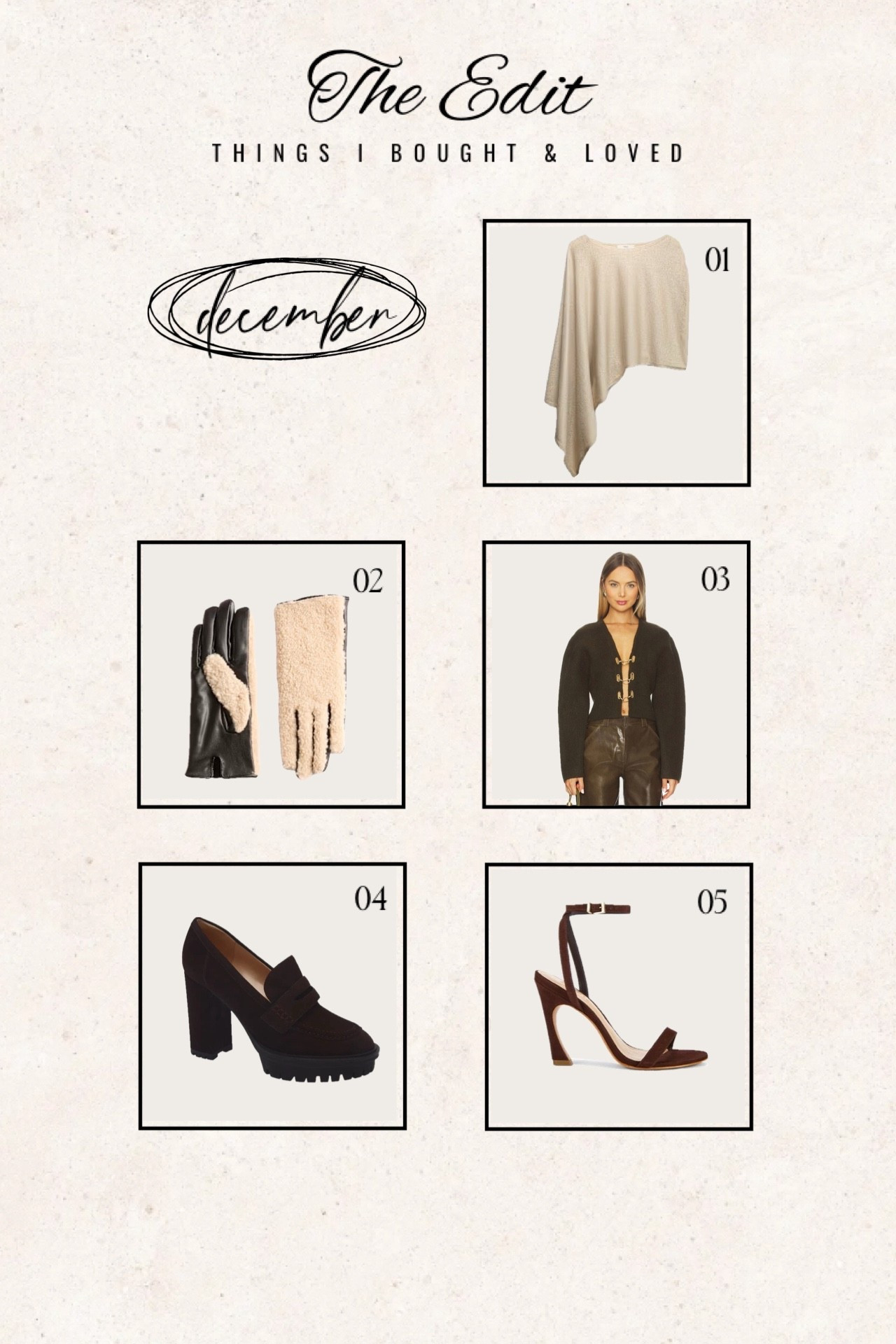 Things I bought and loved December 🤎

#gloves #sweater #sandals #poncho #loafers 

#LTKWorkwear #LTKootd #LTKOver40