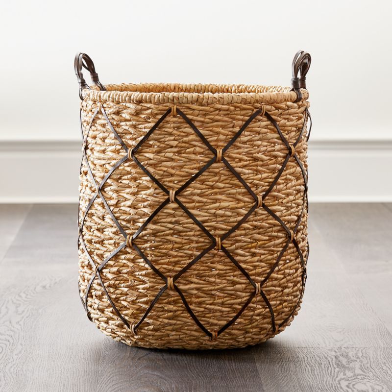 Emory Large Brown Leather-Handle Basket + Reviews | Crate and Barrel | Crate & Barrel