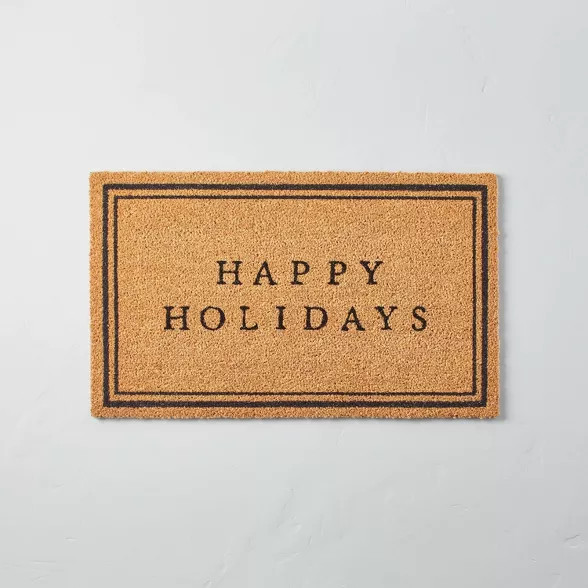 Happy Holidays Bordered Coir Doormat Tan/Black - Hearth & Hand™ with Magnolia | Target