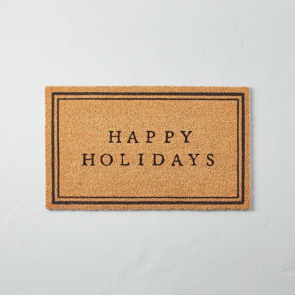 Happy Holidays Bordered Coir Doormat Tan/Black - Hearth & Hand™ with Magnolia | Target