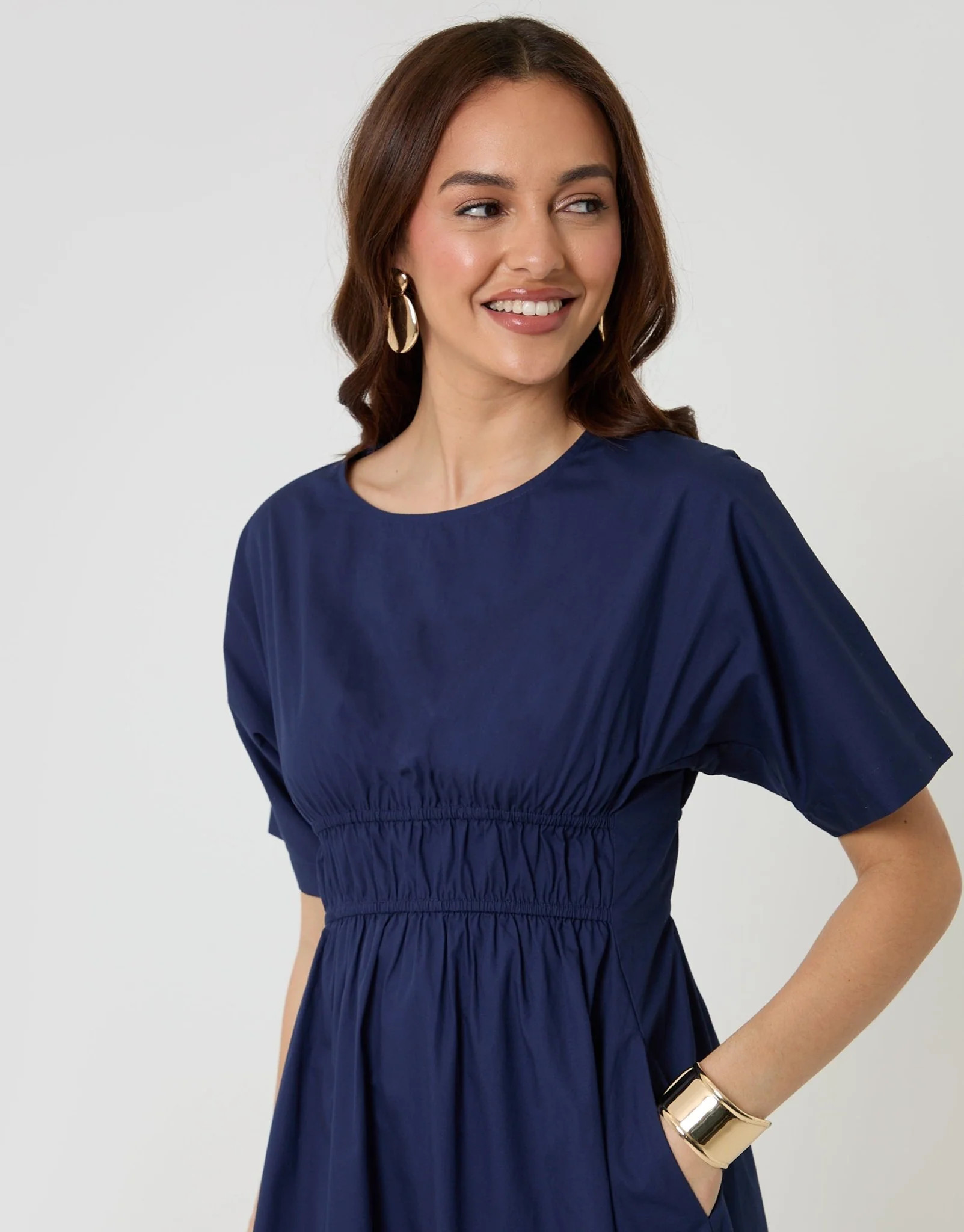 Elasticated Waist Pure Cotton Midi Dress in Navy | Threadbare UK