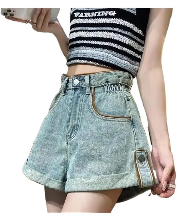 Y2k High Waisted Denim Shorts for Women with Belt - Vintage Loose Fit Rolled Hem Jean Shorts, Cas... | Amazon (US)