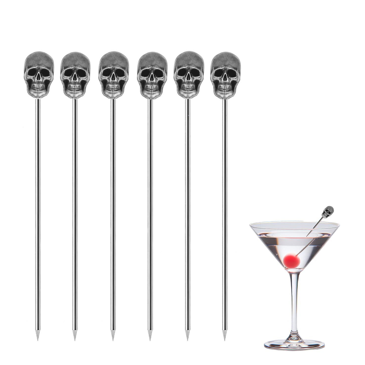 Cocktail Picks for Drinks, 4.5" Skull Cocktail Toothpicks Metal Garnish Skewer, 6Pcs Olive Martin... | Amazon (US)