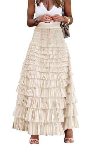 Mincib Womens Long Tulle Skirt A Line Ruffle Tiered Layered Skirts High Waisted Flowy Fairy Maxi Skirts (Beige, L) | Amazon (US)