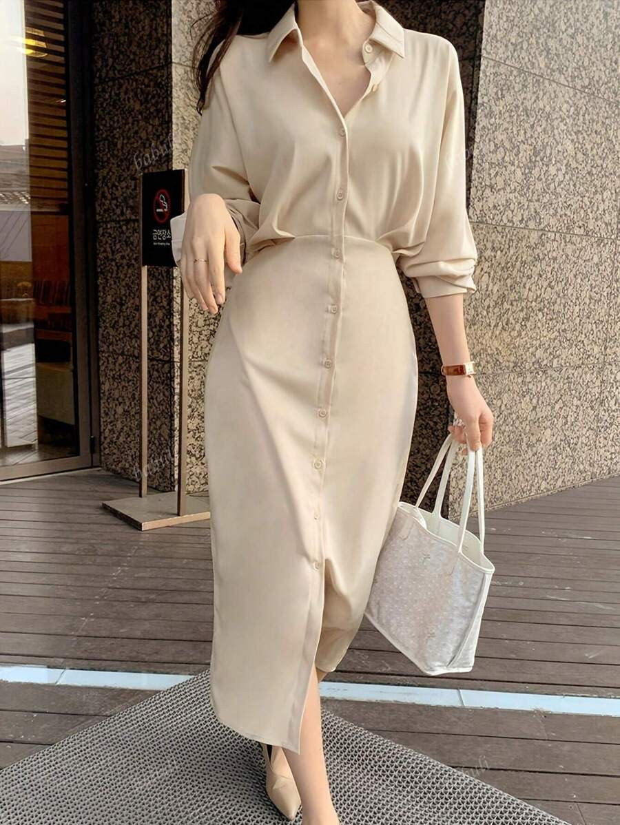 Women's Shirt Dress, French Elegant Style With Waist Tie, Loose Top & Slim Fit Bottom, Mid-Length... | SHEIN