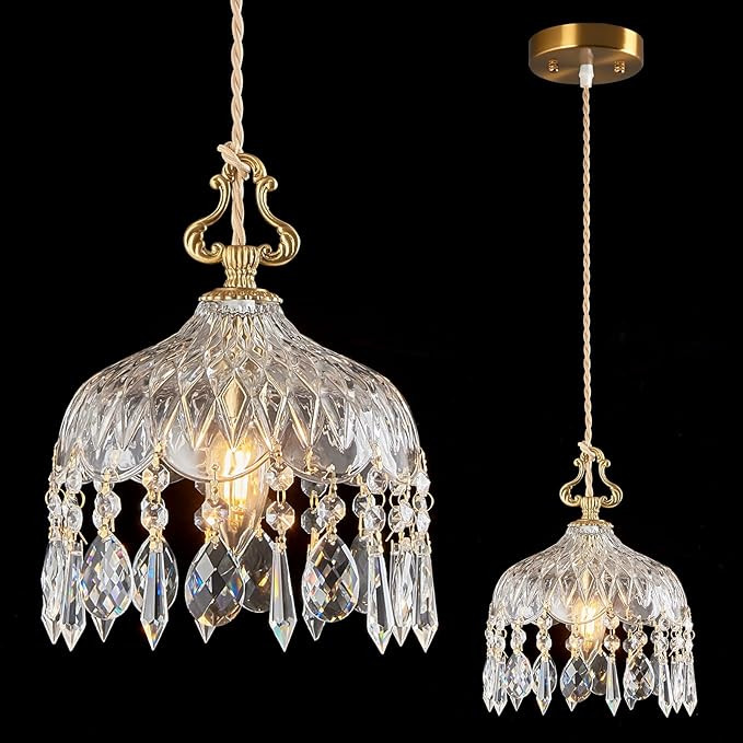 Brass Vintage Glass Pendant Light Crystal Hanging Light Fixtures,Adjustable Height Single Head Pe... | Amazon (US)