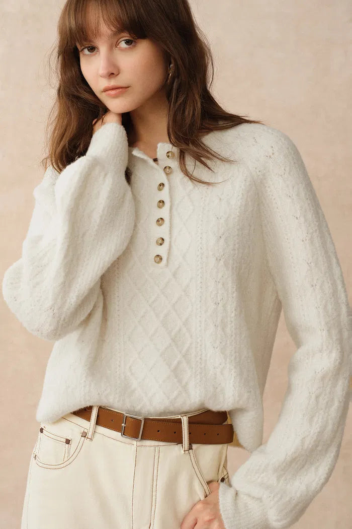 Cersei Hand Work Henley Cable Pattern Sweater in Merino Wool | Fabrique