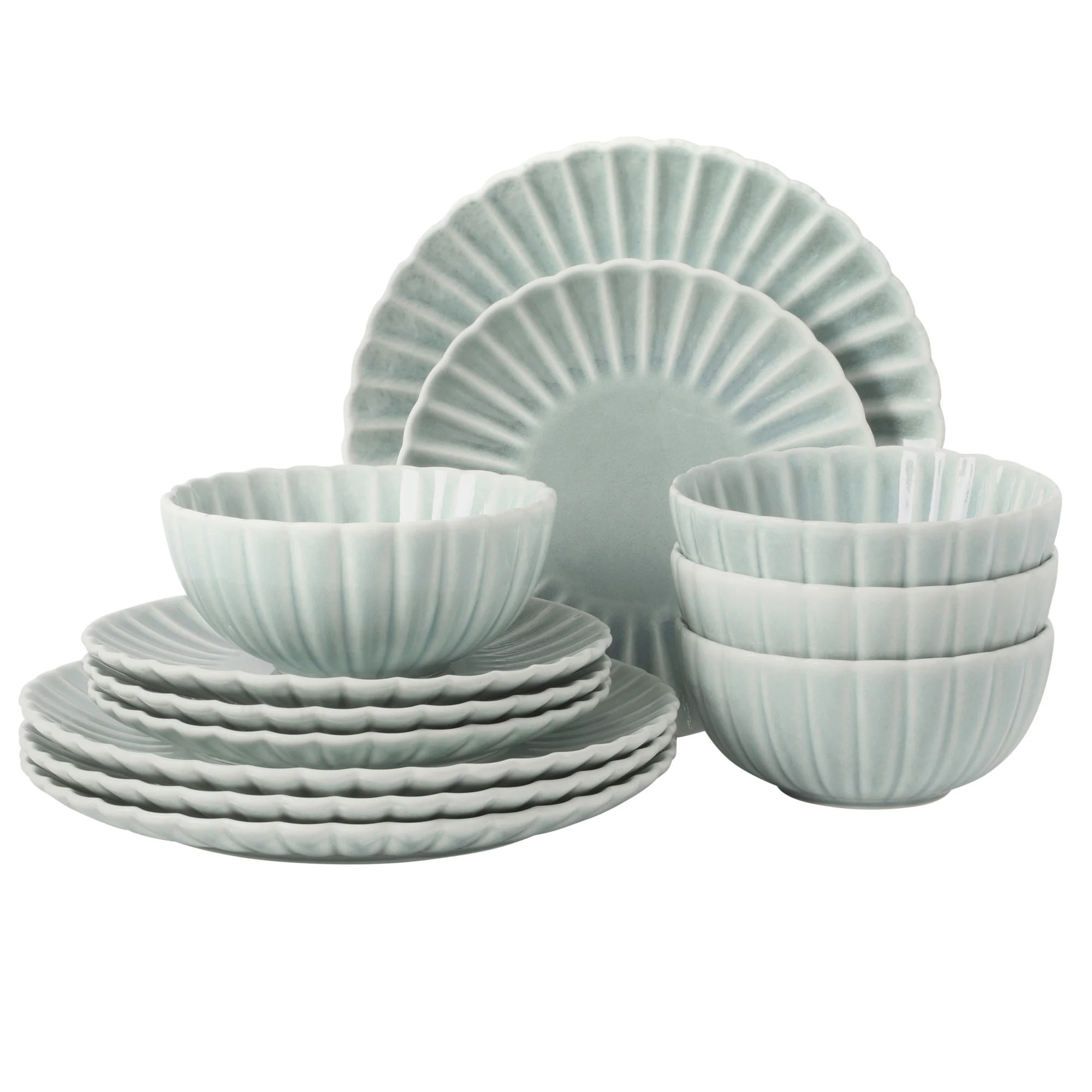 Gibson Elite Peach Orchard 12 Piece New Bone China Dinnerware Set Service for 4 Embossed Fluted Plates and Bowls Dishwasher and Microwave Safe Aqua | Lowe's