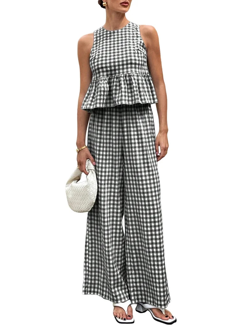 Women'S 2 Piece Gingham Set Summer Outfits Ruffle Tank Top and Wide Leg Pants Matching Lounge Set | Walmart (US)