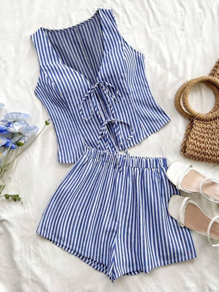 SHEIN WYWH Women's Vacation Style Loose Macaron Blue & White Striped Shorts With Front Tie Knot A... | SHEIN