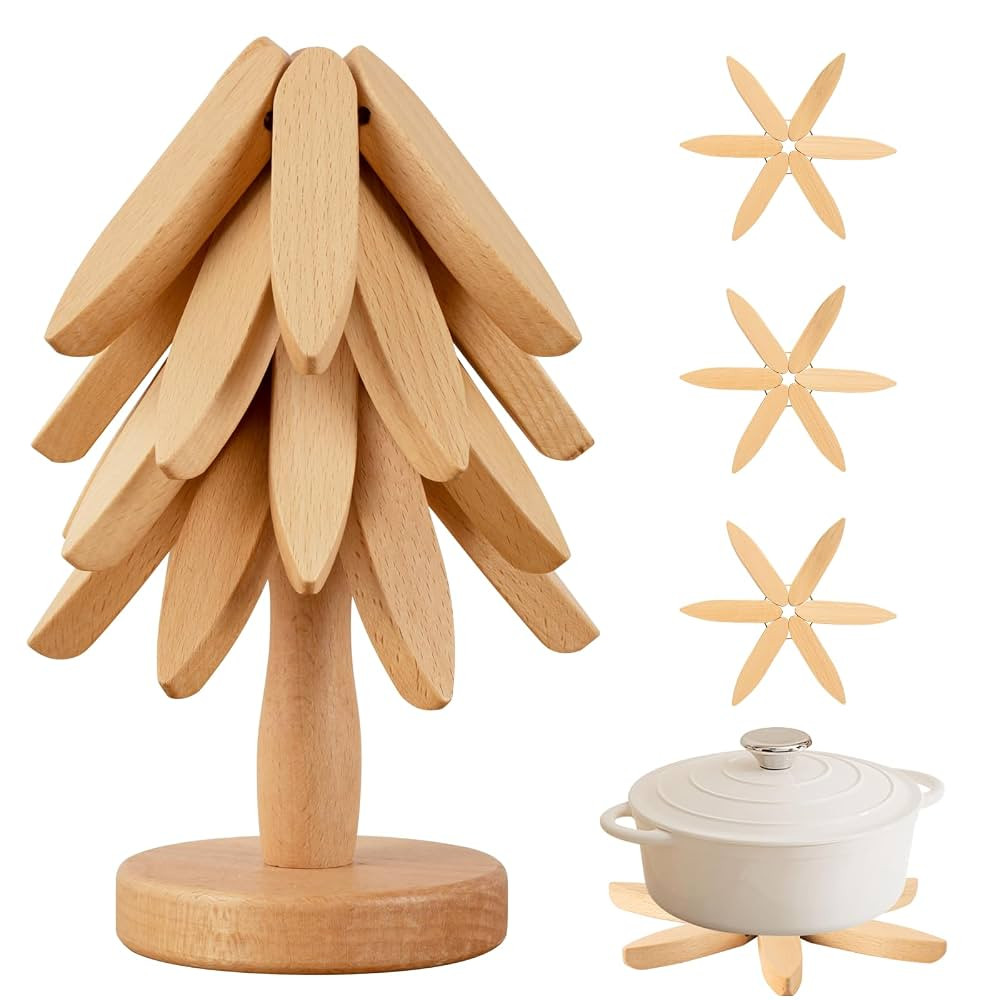 Wooden Trivets for Hot Dishes，Hot Dish Coaster with Tree-Shaped Wood Collapsible Hot Pad Trivet... | Amazon (US)