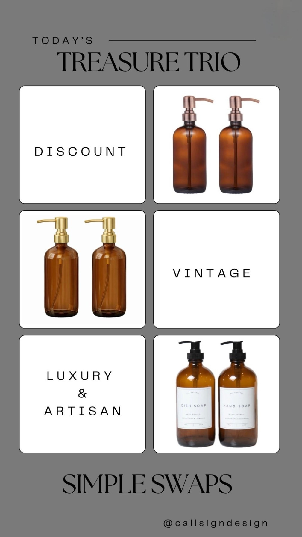 Amber glass bottle soap dispensers that bring warmth and a vintage touch to everyday routines. Simple, reusable, and quietly beautiful, they elevate the sink without trying too hard.

 #AmberGlass #EverydayElevated #BathroomDetails #KitchenStyling #TimelessDesign #HomeDecor #DesignDetails #callsigndesign