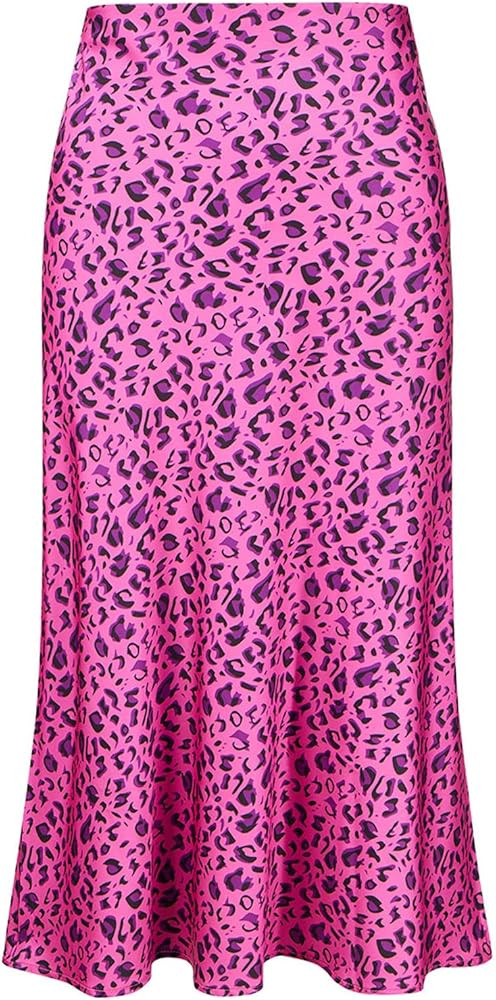 Keasmto Leopard Skirt for Women Midi Length High Waist Silk Satin Elasticized Cheetah Casual Ladi... | Amazon (US)