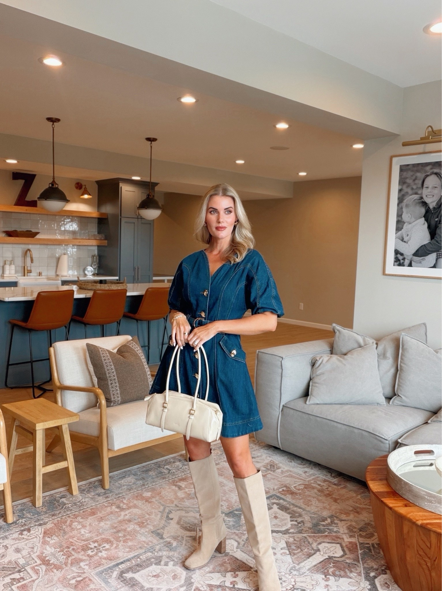 Spring outfit idea, date night outfit – wearing a small in the denim short sleeved dress, and 7.5 in Laney high boots. Take $20 off the handbag with code: for_Caitlin20

#LTKootd #LTKSeasonal #LTKSaleAlert