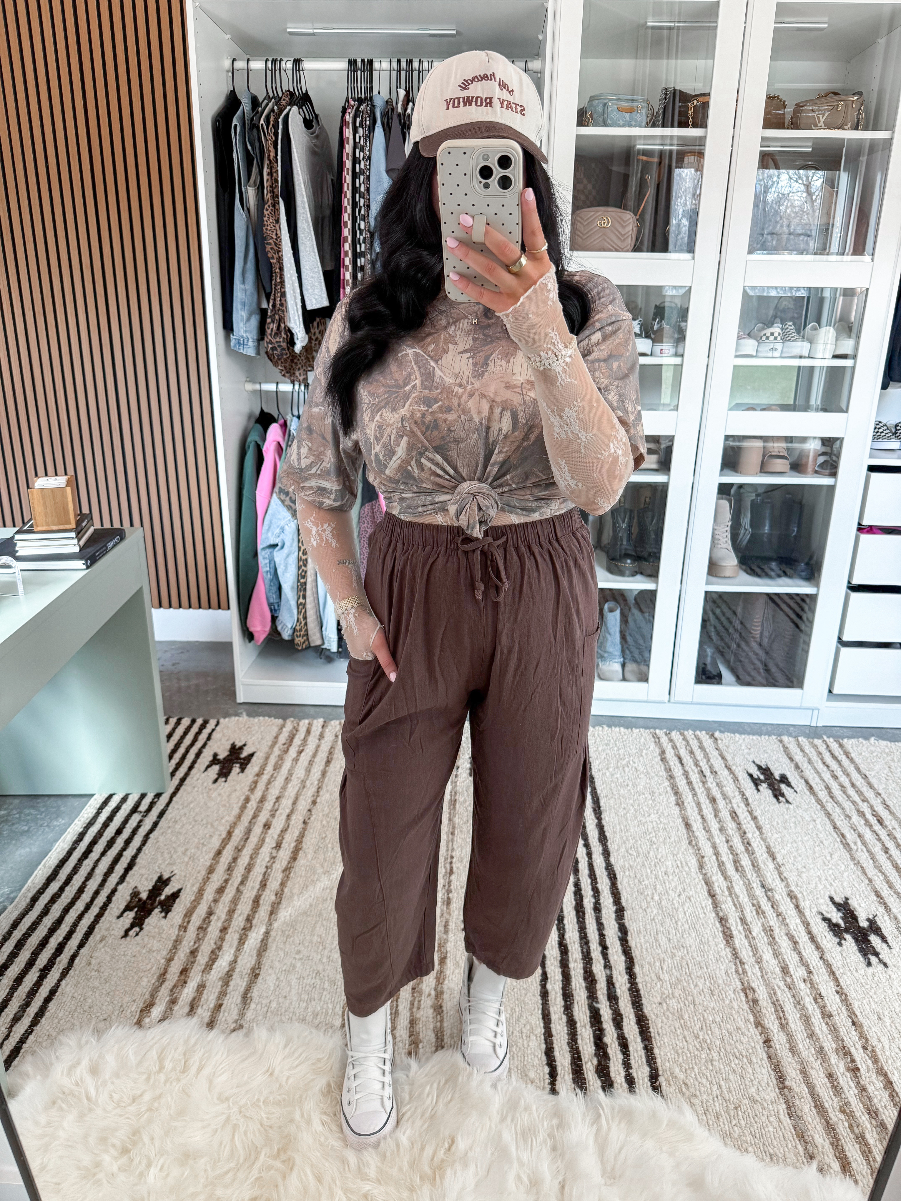 Camo Tee - small (khaki green color)
Lace Top - xs
Bralette - medium
Pants - xs (dark coffee color)

Bump friendly, but still giving cool girl casual cowgirl vibes. 🤎 Love these lightweight linen pants! They come in a ton of colors and would be perfect for spring & summer. Paired them with this white lace long sleeve top, this oversized camo tee that I front knotted & finished the look with a hat & my white leather platform converse sneakers.

 

 #LTKootd #LTKPetite #LTKBump