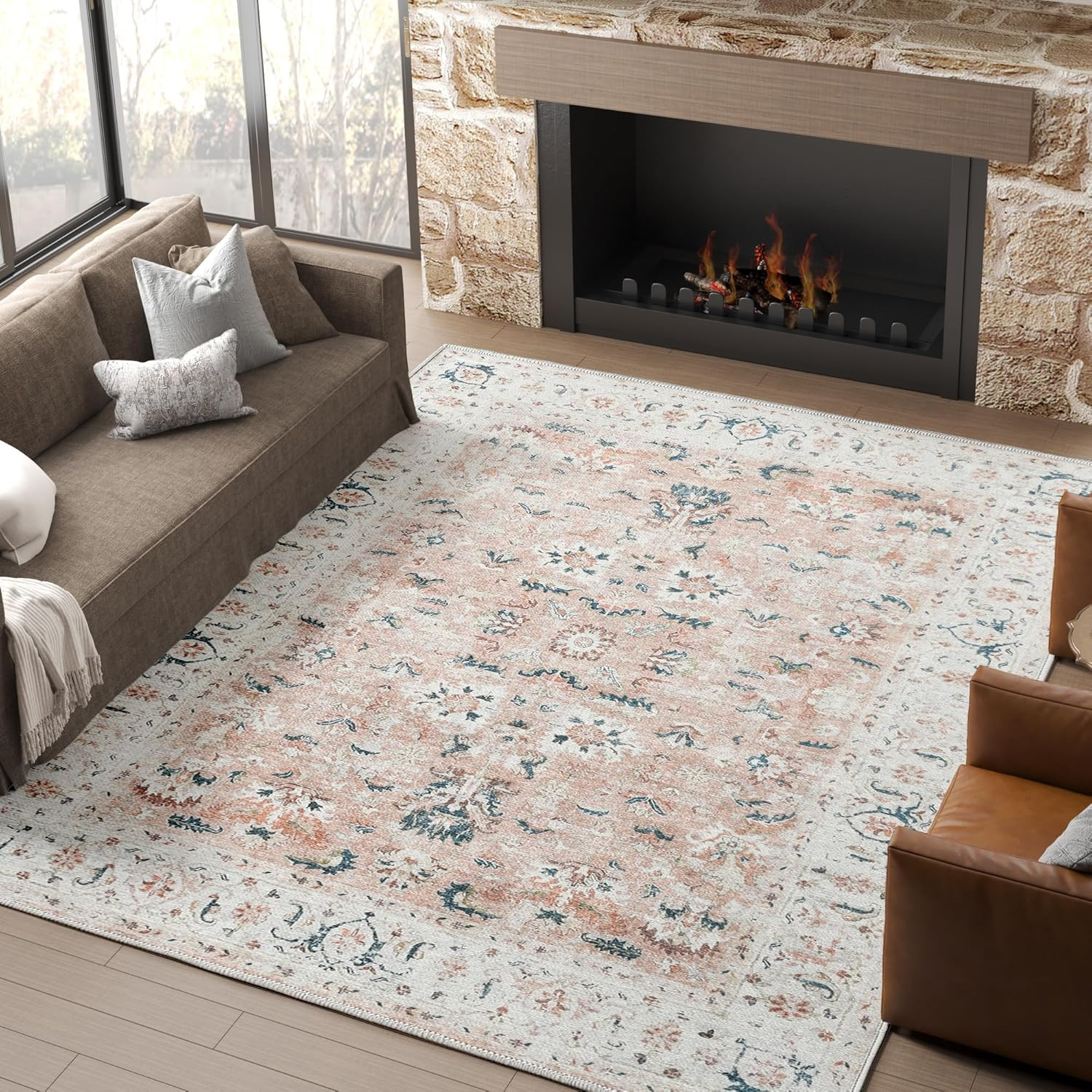 jinchan Area Rug 8x10 Machine Washable Rug - Boho Vintage Floral Low Pile Large Thin Non-Slip Non... | Amazon (US)