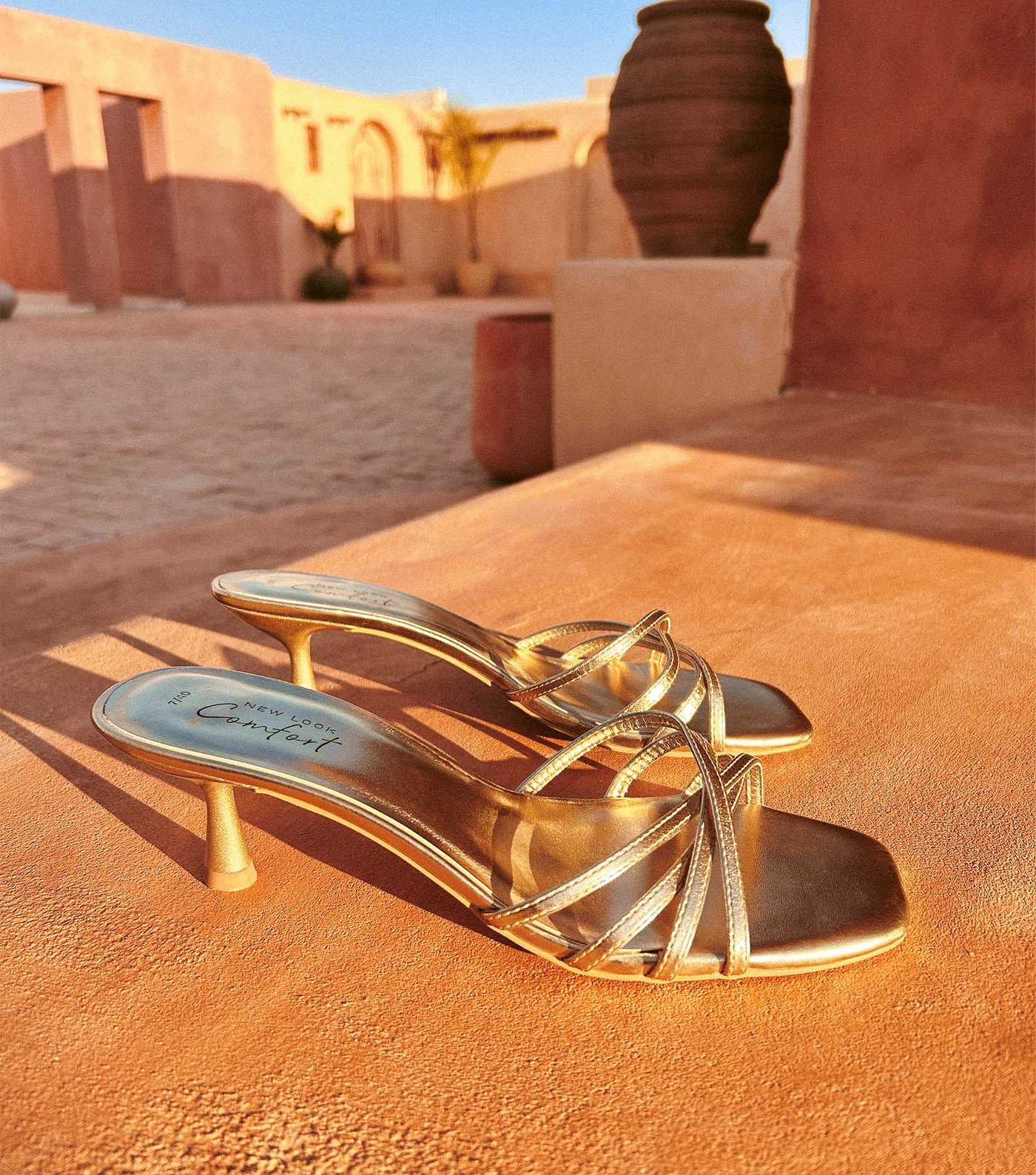 Gold Faux Leather Strappy Kitten Heel Mules | New Look | New Look (UK)