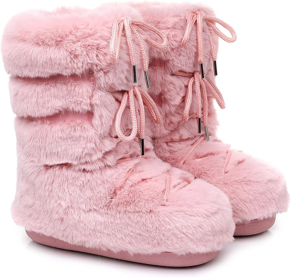 Womens Snow Boots,Fuzzy Furry Fluffy Fur Boots with Faux Fur Lined,Winter Mid-calf Lace-up White ... | Amazon (US)