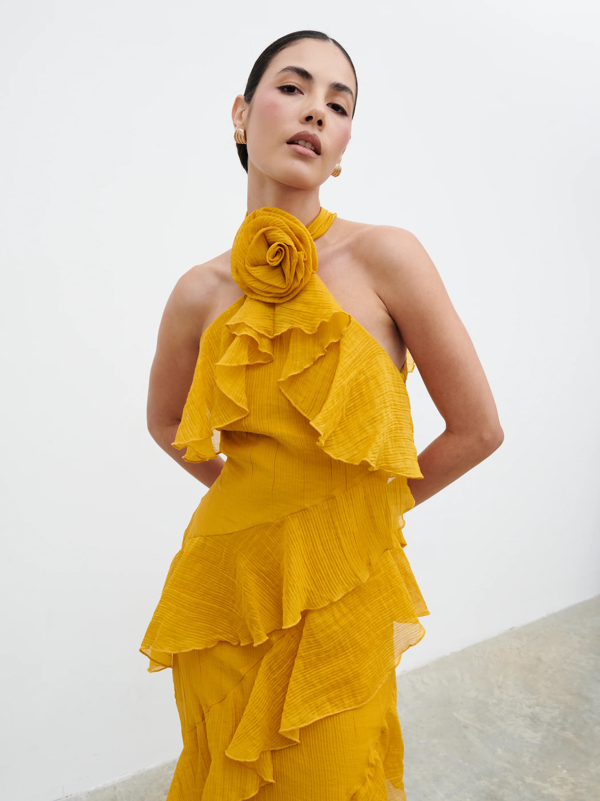 Addison Corsage Ruffle Maxi Dress - Yellow Ochre | Pretty Lavish (UK)