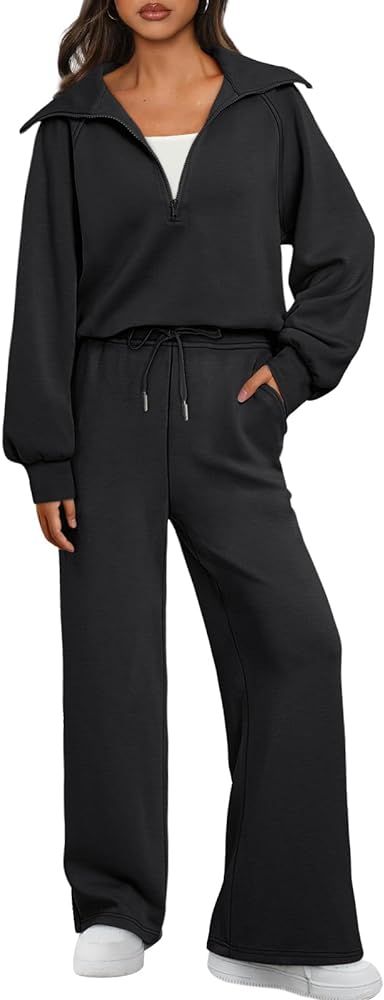 AUTOMET Womens 2 Piece Sweatsuits Loungewear Sets Quarter Zip Pullover Sweatshirts with Wide Leg ... | Amazon (US)