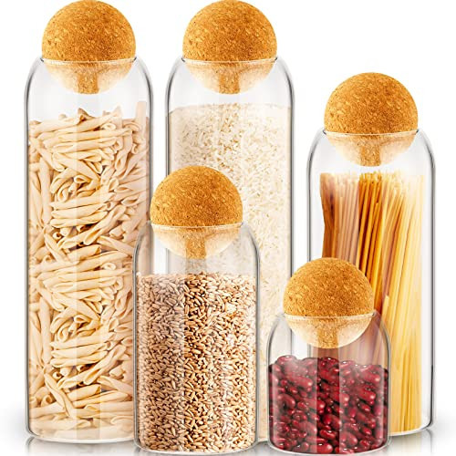 Suclain 5 Pack Storage Glass Jar Set Food Tank with Spherical Cork Cute Ball Candy Jars Clear Coffee Canister Airtight for Kitchen Bottle Holder Serving Spice Sugar Tea, 4 Sizes | Amazon (US)