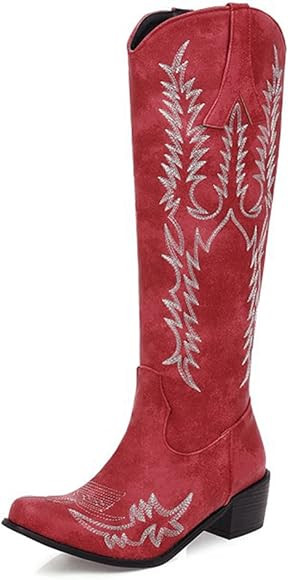 Yolkomo Western Cowboy Boots for Women Wide Calf Low Heel Distressed Cowgirl Boots | Amazon (US)