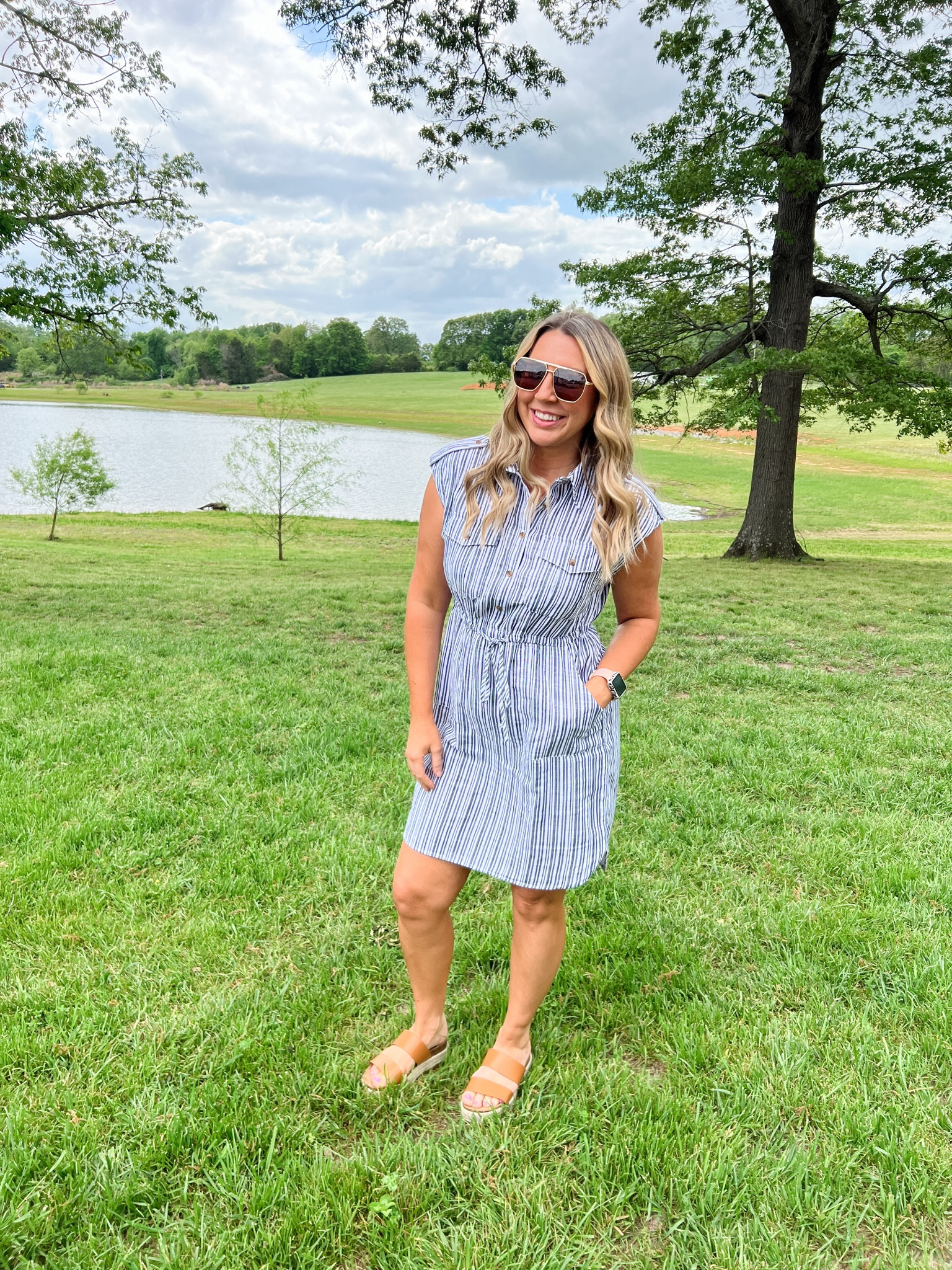 Real life review in on this new $18 dress and I LOVE it! Flattering, 100% cotton, doesn’t wrinkle when sitting, and overall just fantastic! TTS-I’m 5’7 and 165 lbs and I’m in the medium. 
Shoes -  out of stock 

#LTKsalealert #LTKmidsize