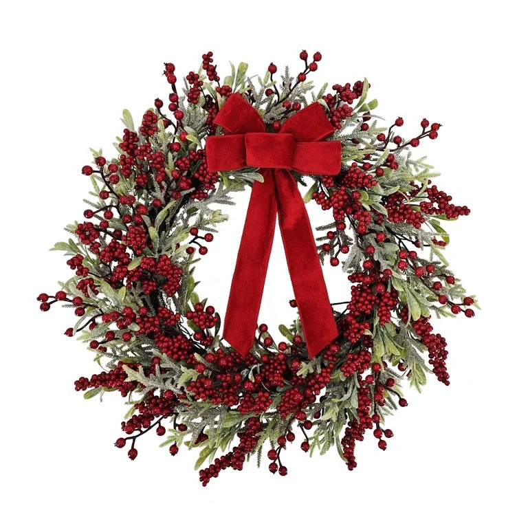 Frosted Evergreen and Eucalyptus Artificial Christmas Wreath with Berries and Bow, Red and Green,... | Walmart (US)