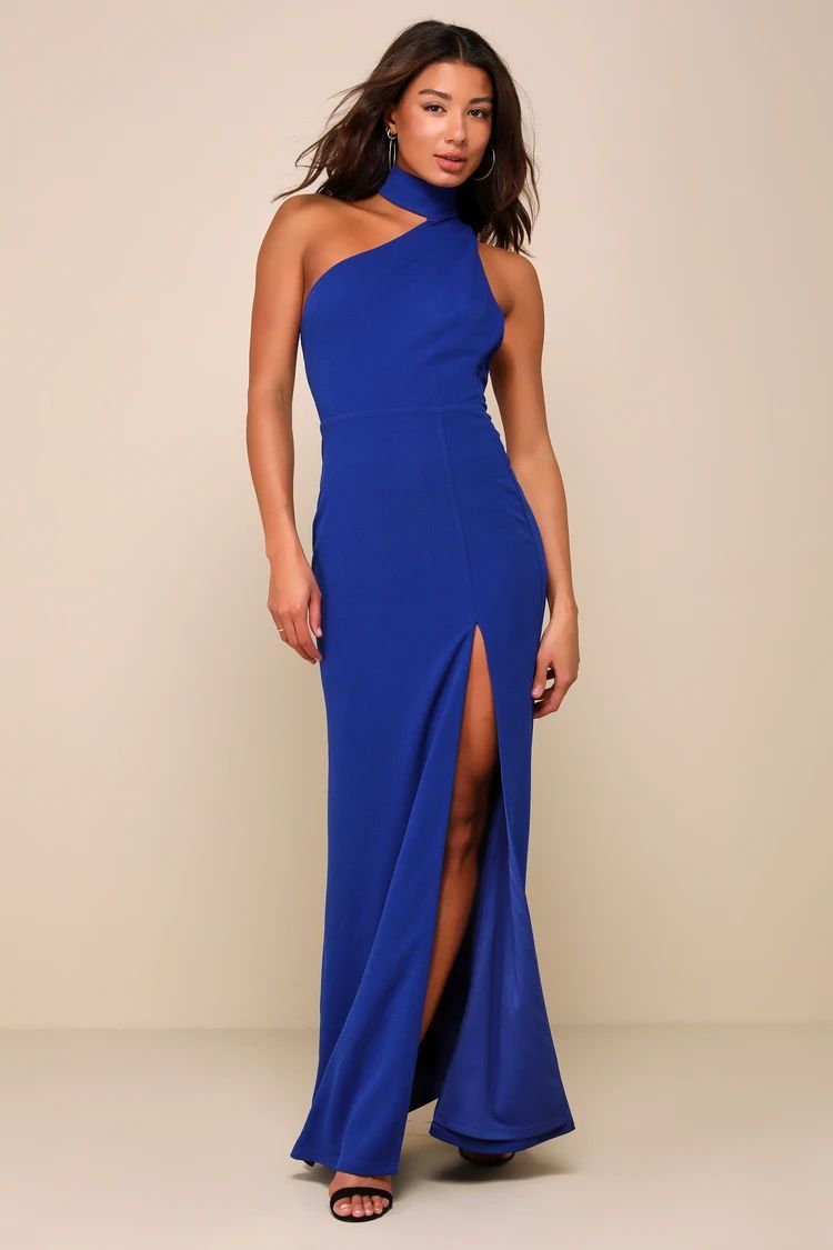 Keep It Interesting Cobalt Asymmetrical Cutout Halter Maxi Dress | Lulus