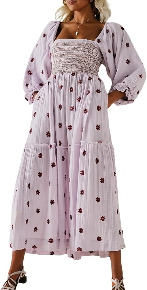 AnotherChill Women's Casual Embroidered Maxi Dress Floral Flowy Square Neck Dresses with Puff Sle... | Amazon (US)