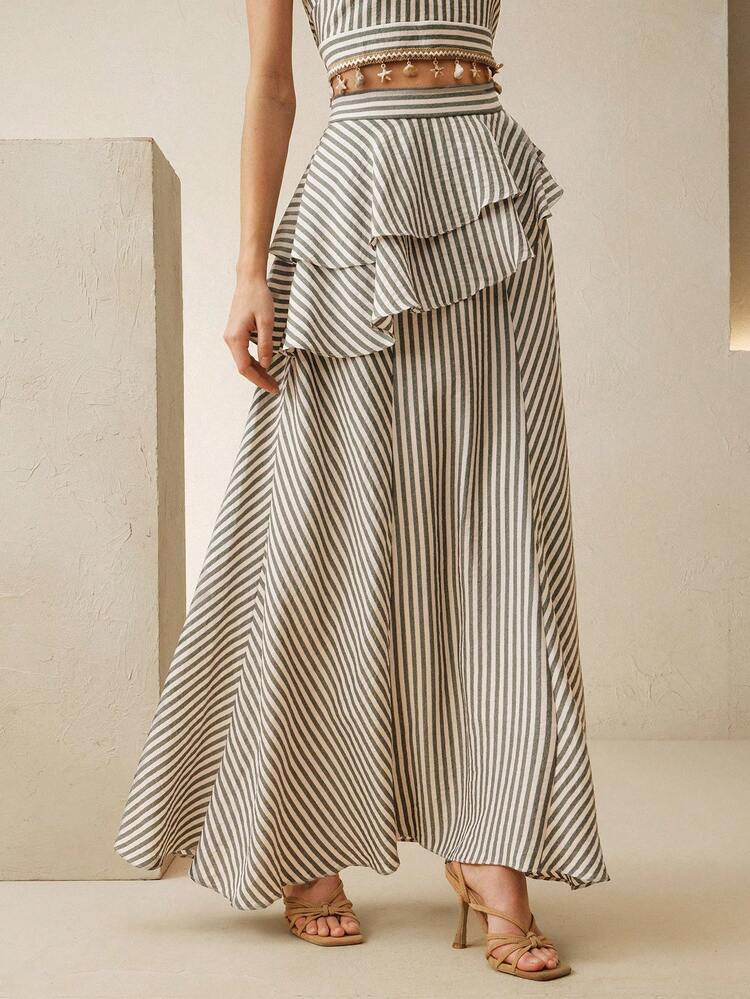 Anewsta Women's Vacation Casual Striped Ruffle Skirt | SHEIN