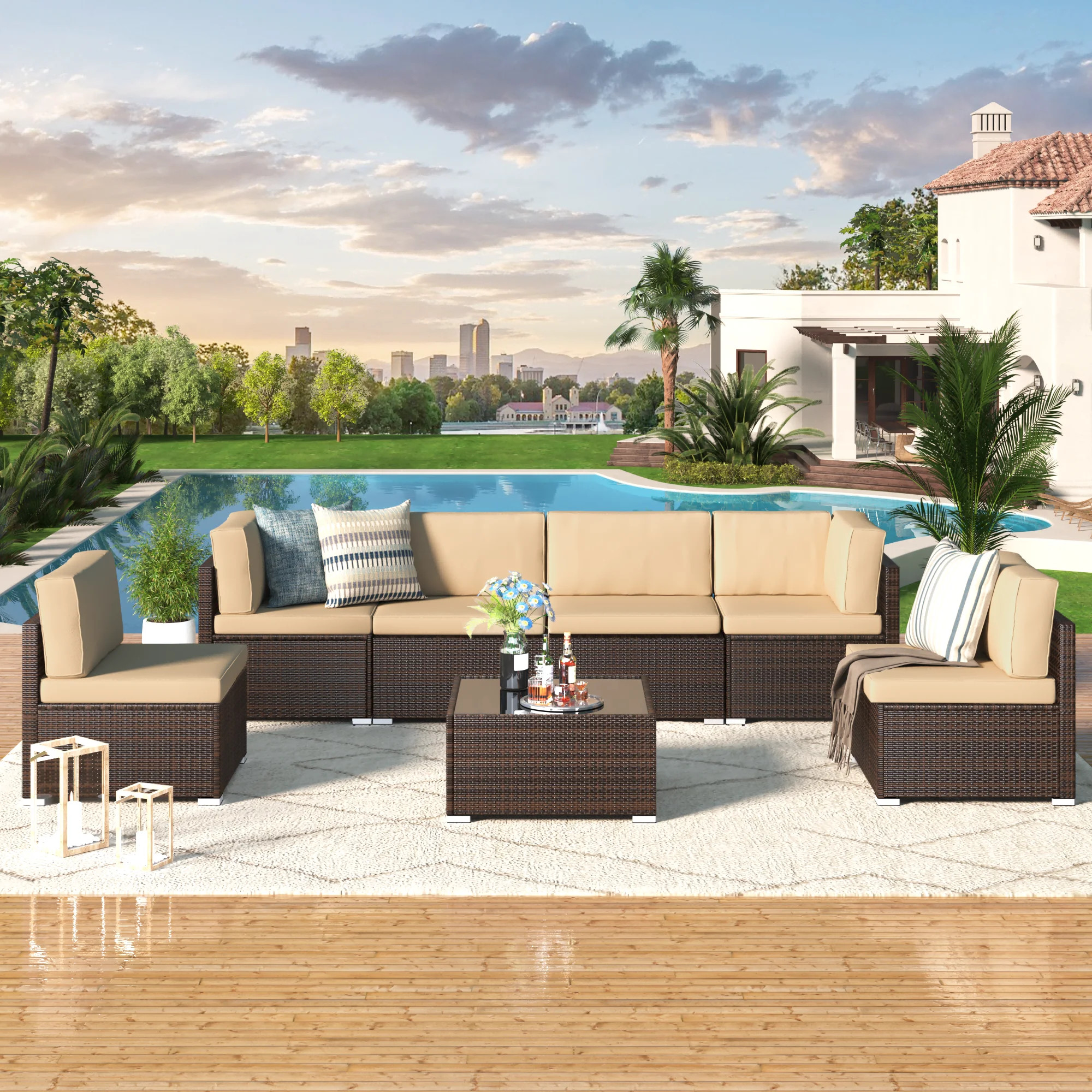 YODOLLA 7 Pc Outdoor Patio Sectional Set, Beige and Black PE Rattan with Table | Walmart (US)