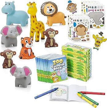 FAVONIR™ Safari Zoo Themed Party Favor 48 Pack-Mini Coloring Books With Crayons–Squeezable Ju... | Amazon (US)