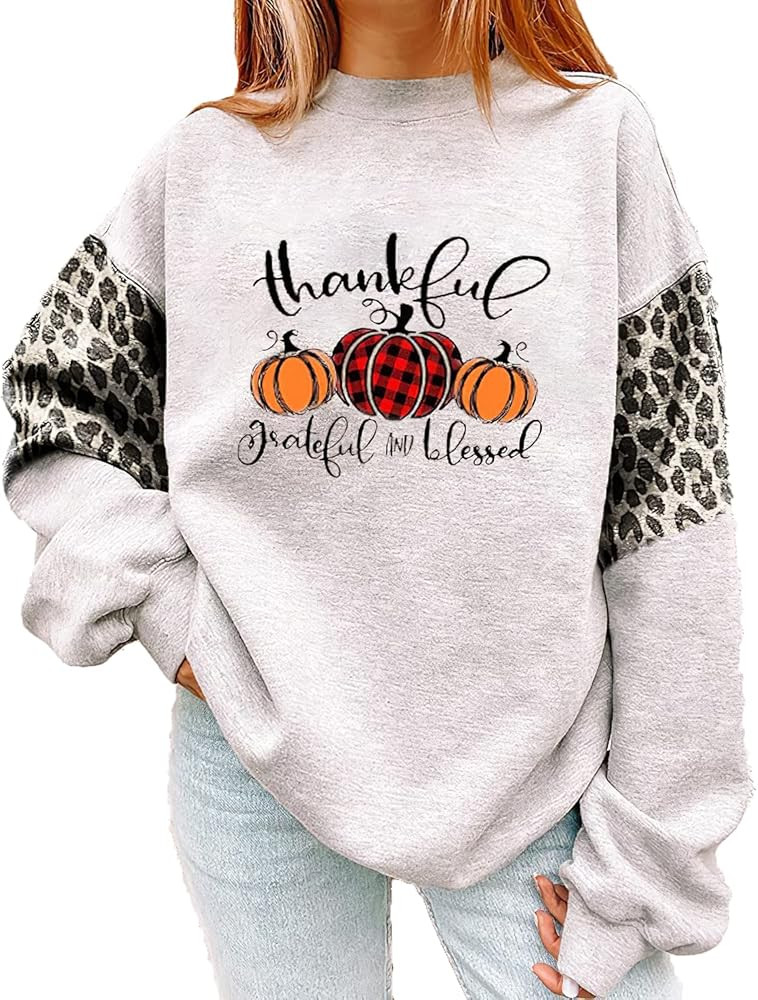 Pumpkin Print Halloween Shirts for Women Thankful Grateful Blessed Plaid Pumpkin Sweatershirt with L | Amazon (US)