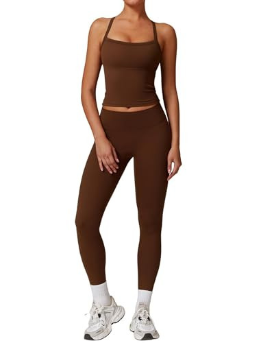 Womens Workout Sets Two Piece Seamless Stretch Cross Back Tank Top Matching Tummy Control High Waist Leggings Set 2 Piece For Women Gym Yoga Active Wear Outfits Athletic Work Out Clothes Brown XL | Amazon (US)