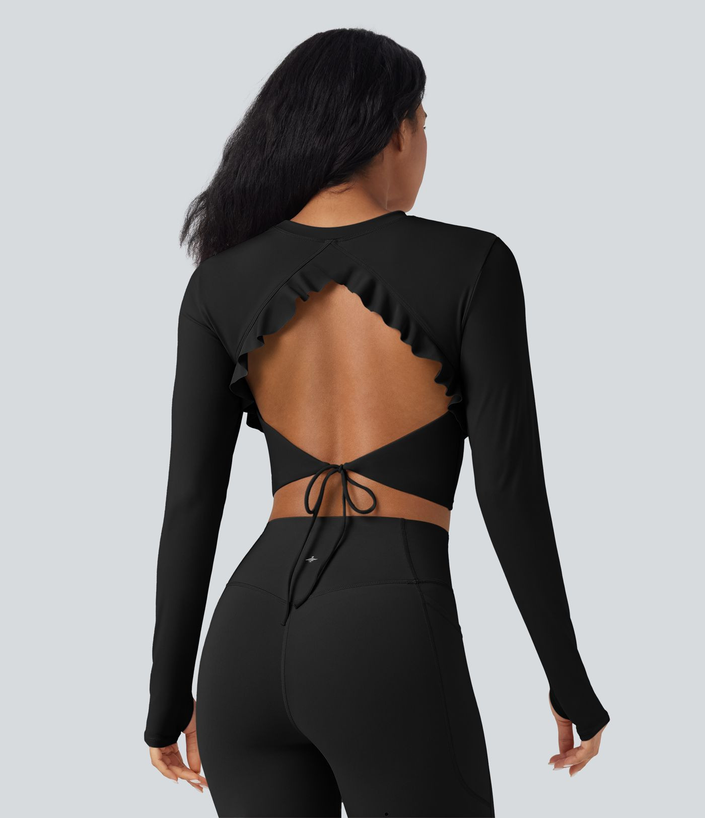 Women’s SoftlyZero™ Airy Round Neck Long Sleeve Thumb Hole Cut Out Tie Back Cool Touch Croppe... | HALARA