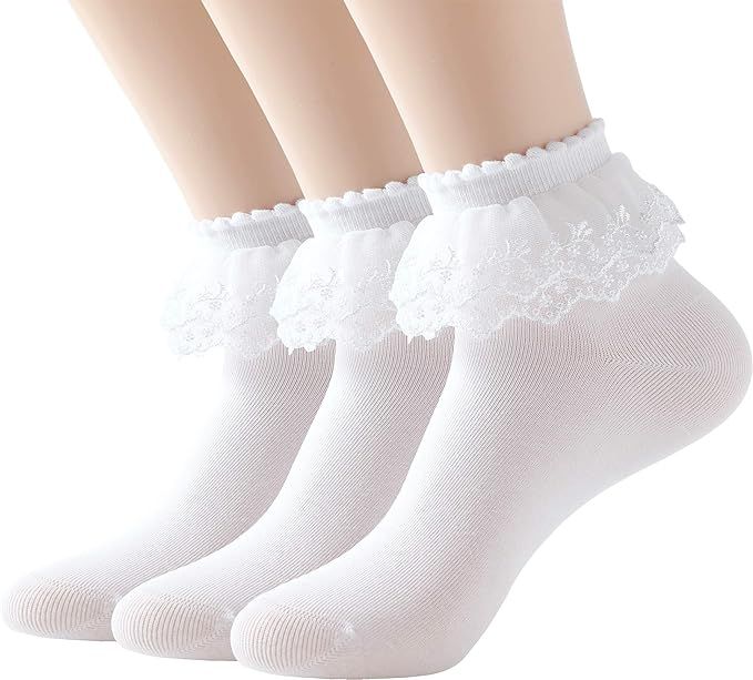 SRYL Women Ankle Socks,Lace Ruffle Frilly Cotton Socks Trim Double Layer Lace,Princess Socks Dres... | Amazon (US)