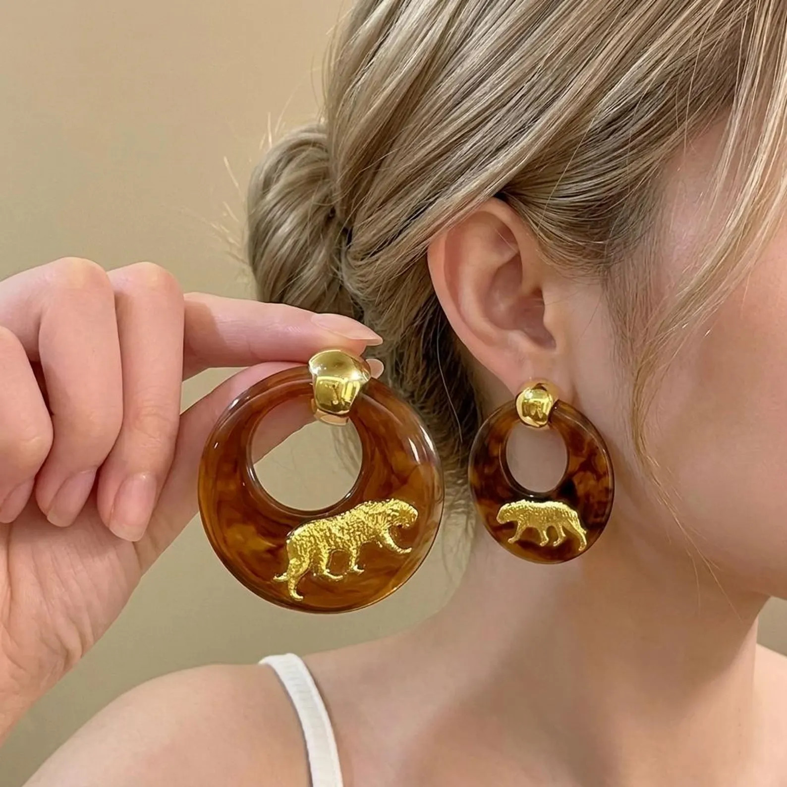 Handmade Gold Tiger Amber Earrings, Statement Resin Tortoiseshell Hoop Earrings, Large Amber Brow... | Etsy (Global)
