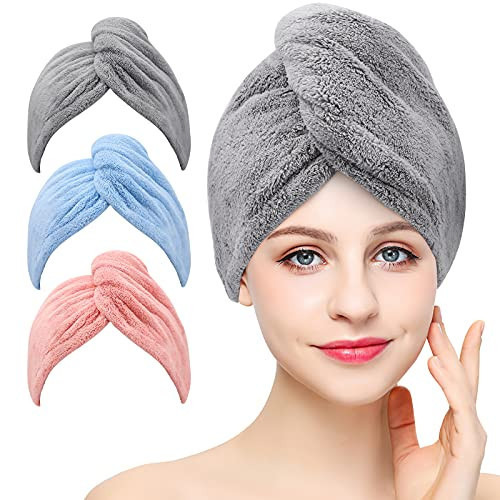 BEoffer Microfiber Hair Towel, 3 Packs Hair Turbans for Women, Men,Kids, Quick Dry Hair Wrap Towels for Curly,Long, Curly Hair Anti Frizz (Gray+Pink+Blue) | Amazon (US)