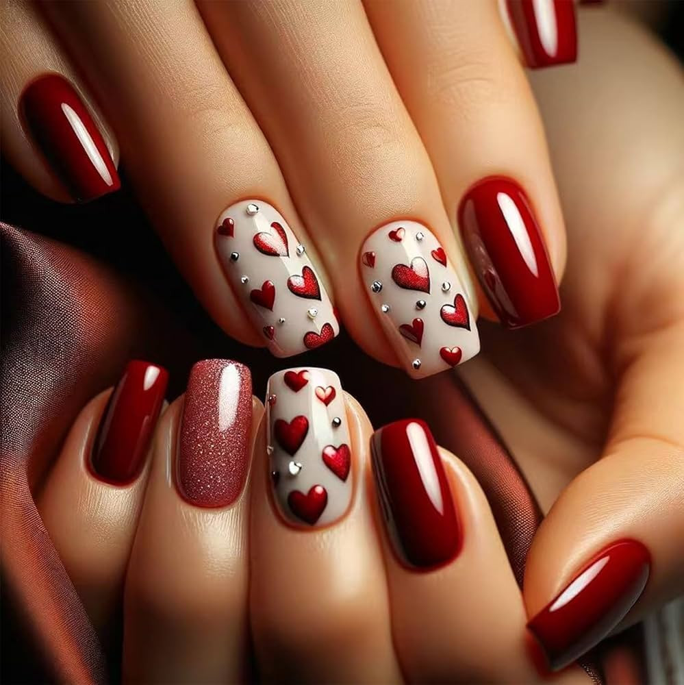 24Pcs Valentines Day Red Heart Press on Nails Short Square Fake Nails with Rhinestones Glossy Des... | Amazon (US)