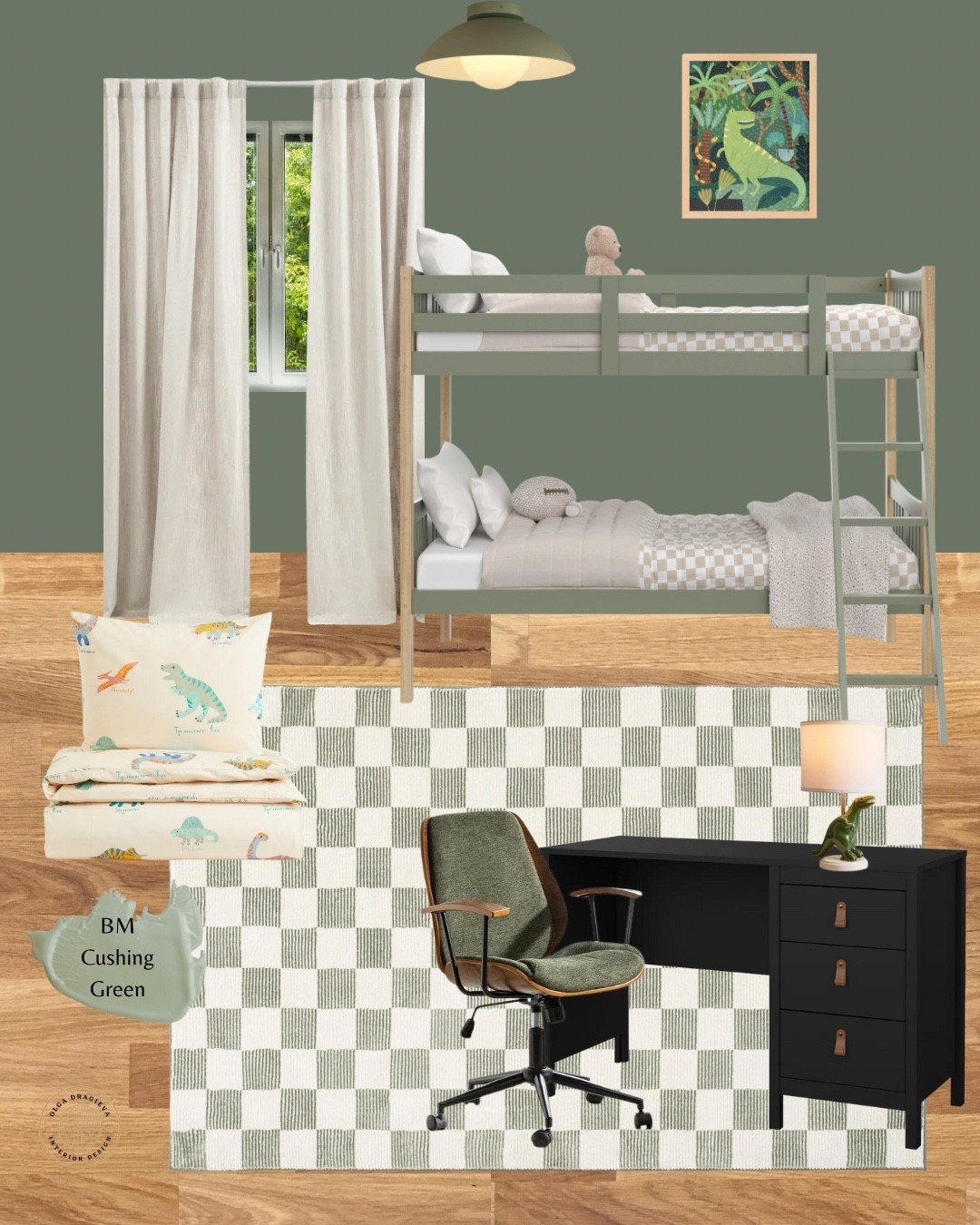 Dinosaur-inspired boys’ room. I love the affordable green bunk bed, checkered rug, elegant black desk and green desk chair, neutral curtains, dinosaur wall art and bedding. #boysroom #homedecor

#LTKHome #LTKSeasonal #LTKKids