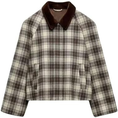 Chevara Women’s Cropped Plaid Jacket Vintage Lapel Collar Long Sleeve Zip Up Outerwear Coat wit... | Amazon (US)