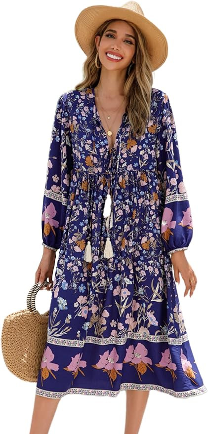 R.Vivimos Women's Long Sleeve Floral Print Retro V Neck Tassel Bohemian Midi Dresses | Amazon (US)