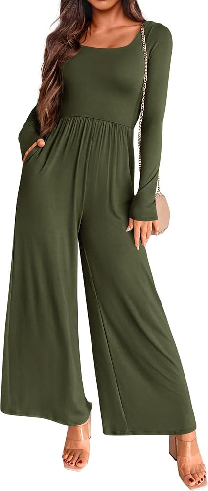 KIRUNDO Women's 2024 Fall Long Sleeve Wide Leg Jumpsuits Casual Dressy One Piece Square Neck Long... | Amazon (US)