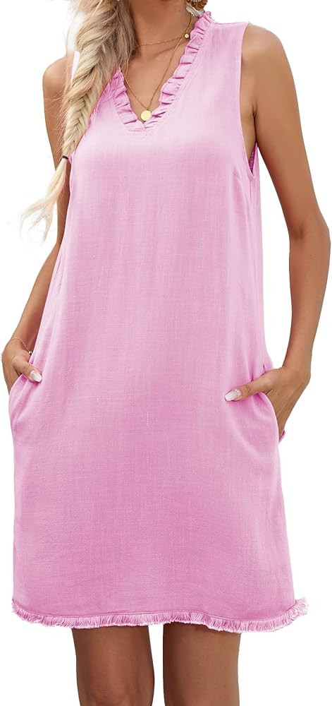 Famulily Women Cute Sleeveless Ruffled Deep V Neck Dresses Cotton Linen Dress for Summer Casual S... | Amazon (US)