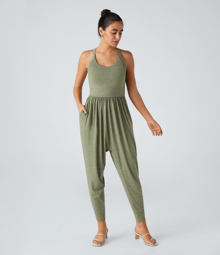 Women’s U Neck Pocket Harem Casual Jumpsuit-Easy Peezy Edition - Halara | HALARA
