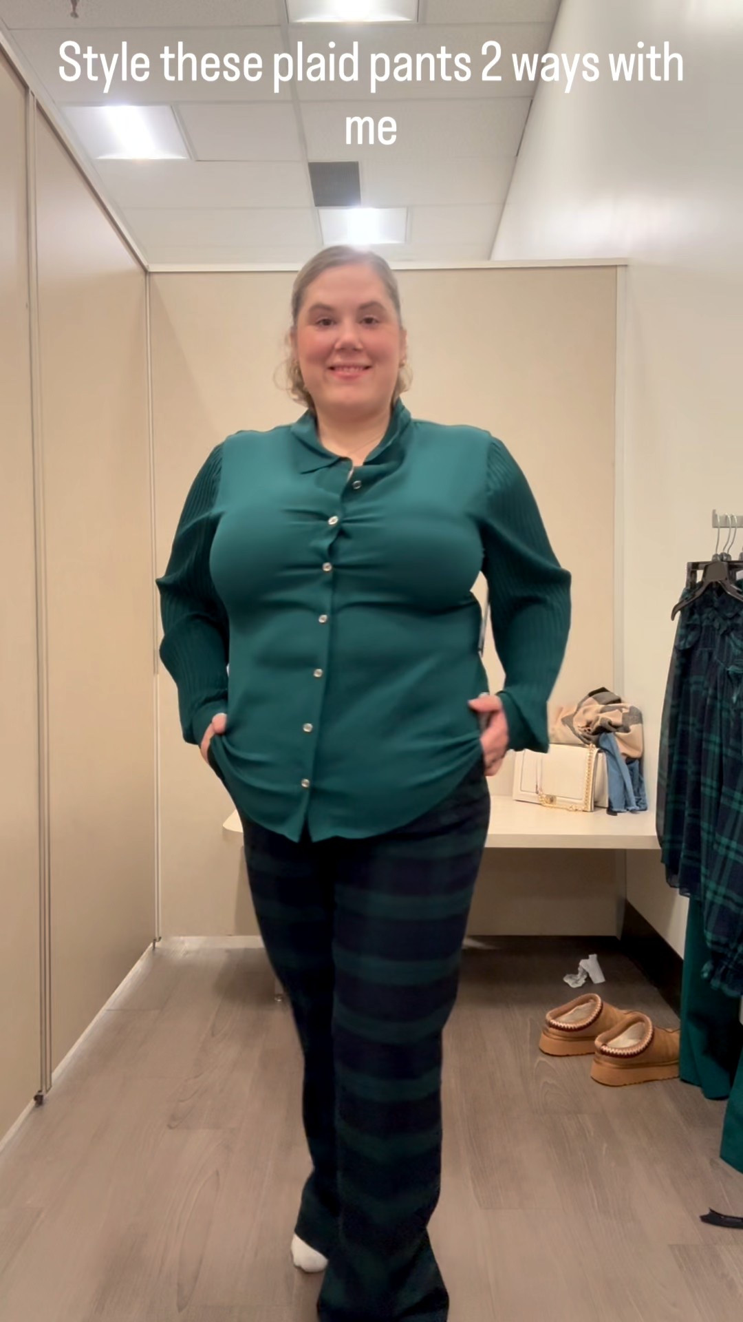 I am loving all of the dark colors @macys right now. These plaid slacks are incredible. They are comfortable and look so chic. I paired it first with this button down top that evaluates the look. Then I paired it with this short sleeve sweater for a more casual look. You can’t go wrong either way.
