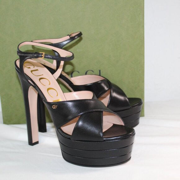 NWB Gucci GG Ankle Strap Sandals Heels Platform Pumps Black Crisscross 4… | Poshmark