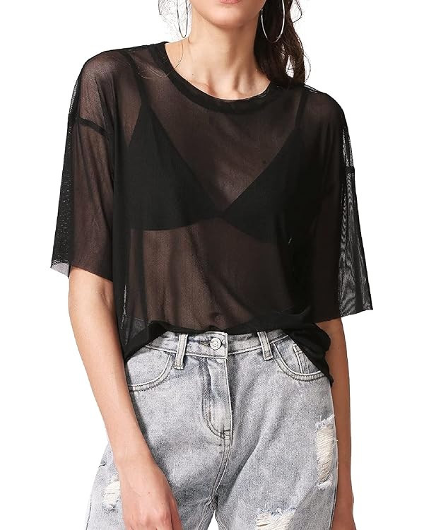 MakeMeChic Women's Summer Short Sleeve Tops See Through Mesh Sheer Sexy T Shirt Blouse | Amazon (US)